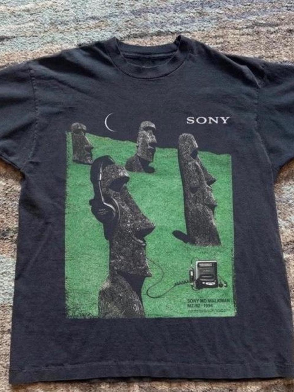 Gildan Black Tee with Green Graphic Moai & Sony Logo